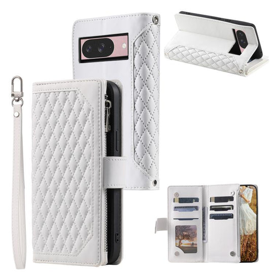 For Google Pixel 10 / 10 Pro Grid Texture Zipper Leather Phone Case with Lanyard(White)