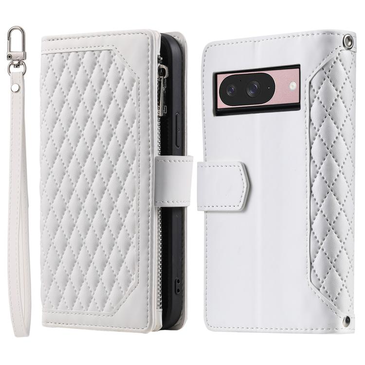 For Google Pixel 10 / 10 Pro Grid Texture Zipper Leather Phone Case with Lanyard(White) - Google Cases by buy2fix | Online Shopping UK | buy2fix