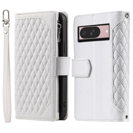 For Google Pixel 10 / 10 Pro Grid Texture Zipper Leather Phone Case with Lanyard(White) - Google Cases by buy2fix | Online Shopping UK | buy2fix