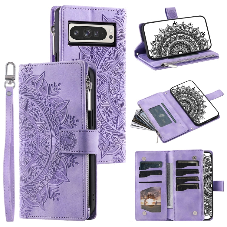 For Google Pixel 9 Pro XL Multi-Card Totem Zipper Leather Phone Case(Purple) by buy2fix
