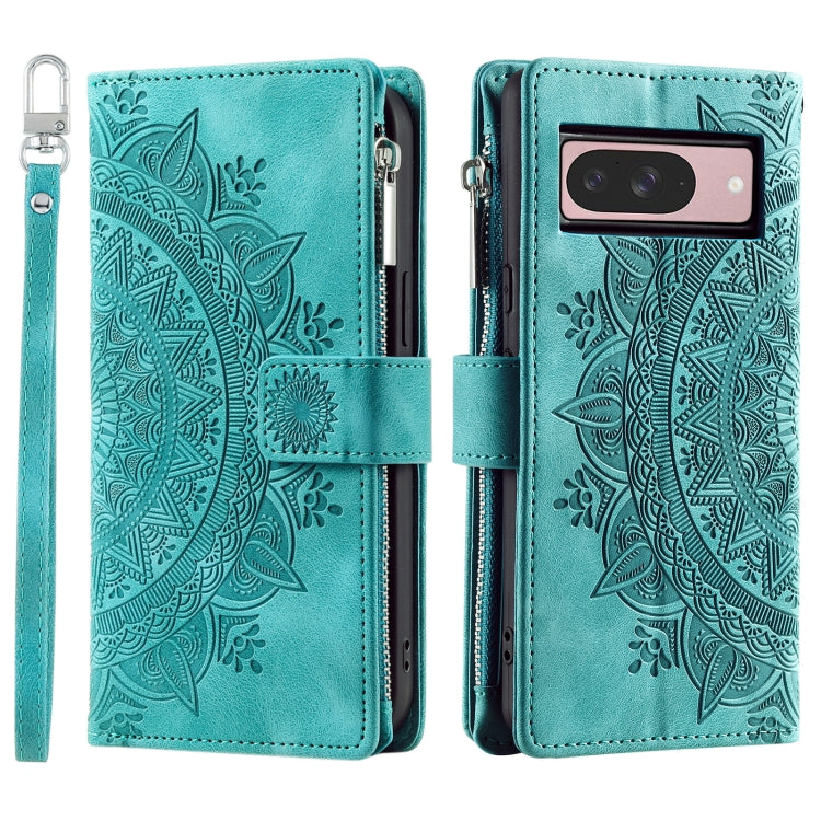 For Google Pixel 9 / 9 Pro Multi-Card Totem Zipper Leather Phone Case(Green) by buy2fix