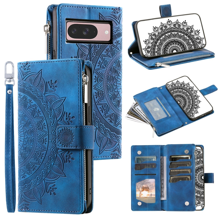 For Google Pixel 9 / 9 Pro Multi-Card Totem Zipper Leather Phone Case(Blue) by buy2fix