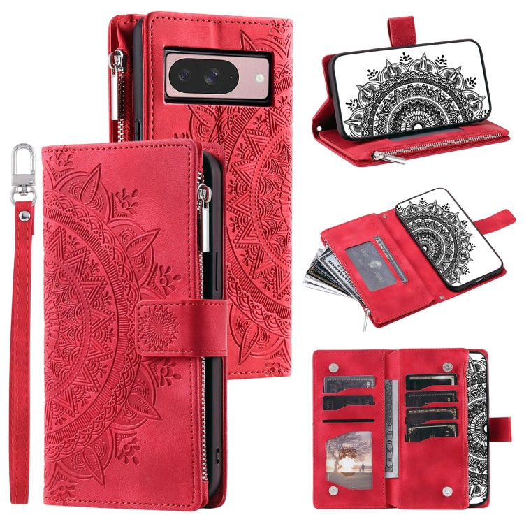 For Google Pixel 9 / 9 Pro Multi-Card Totem Zipper Leather Phone Case(Red) by buy2fix