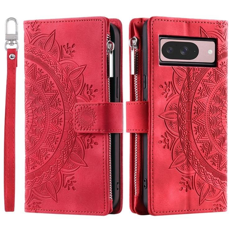 For Google Pixel 9 / 9 Pro Multi-Card Totem Zipper Leather Phone Case(Red) by buy2fix