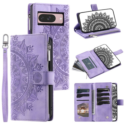 For Google Pixel 9 / 9 Pro Multi-Card Totem Zipper Leather Phone Case(Purple) by buy2fix