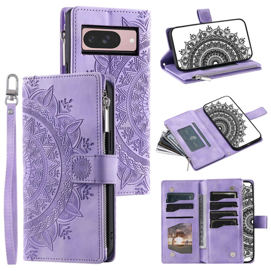 For Google Pixel 9 / 9 Pro Multi-Card Totem Zipper Leather Phone Case(Purple) by buy2fix