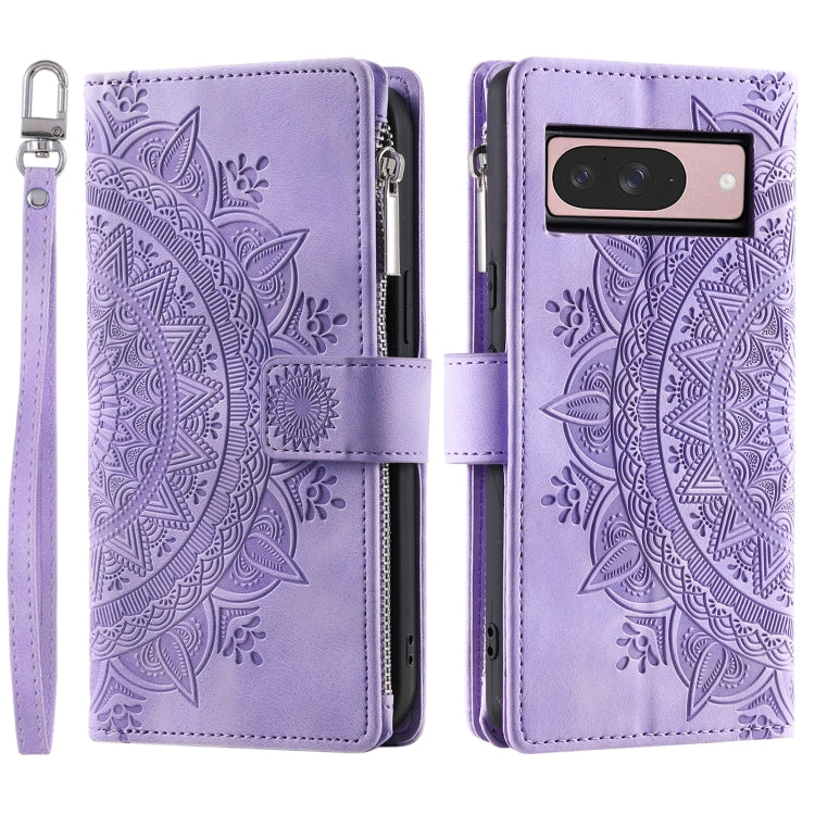 For Google Pixel 9 / 9 Pro Multi-Card Totem Zipper Leather Phone Case(Purple) by buy2fix