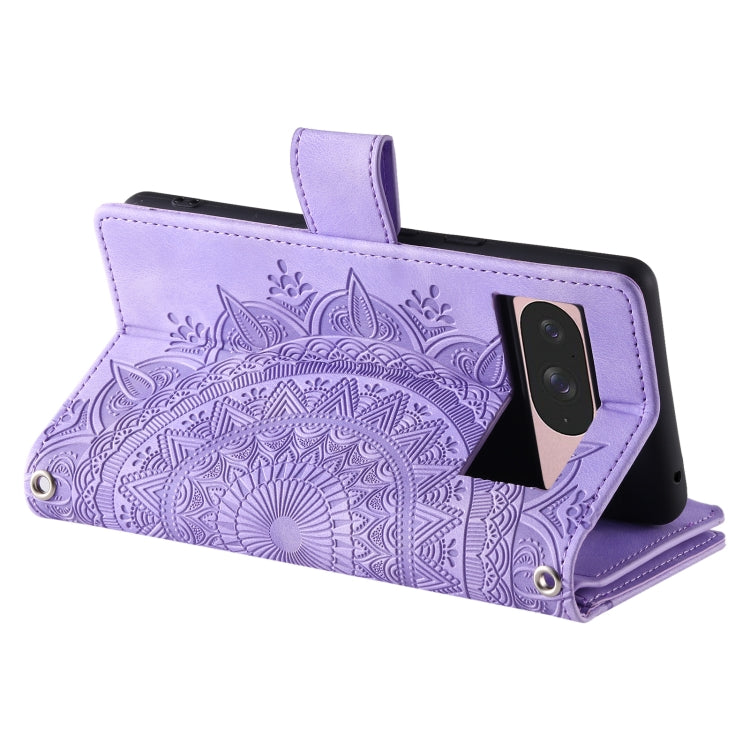 For Google Pixel 9 / 9 Pro Multi-Card Totem Zipper Leather Phone Case(Purple) by buy2fix