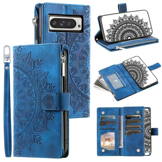 For Google Pixel 10 Pro XL Multi-Card Totem Zipper Leather Phone Case(Blue) - Google Cases by buy2fix | Online Shopping UK | buy2fix