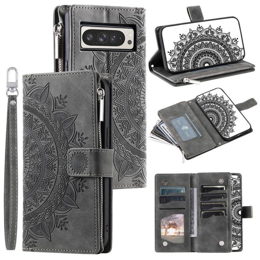 For Google Pixel 10 Pro XL Multi-Card Totem Zipper Leather Phone Case(Grey) - Google Cases by buy2fix | Online Shopping UK | buy2fix