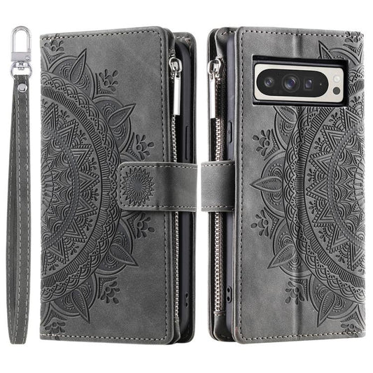 For Google Pixel 10 Pro XL Multi-Card Totem Zipper Leather Phone Case(Grey) - Google Cases by buy2fix | Online Shopping UK | buy2fix