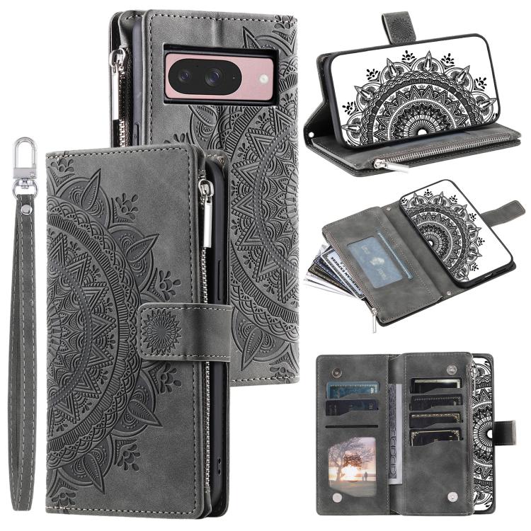 For Google Pixel 10 Multi-Card Totem Zipper Leather Phone Case(Grey) - Google Cases by buy2fix | Online Shopping UK | buy2fix