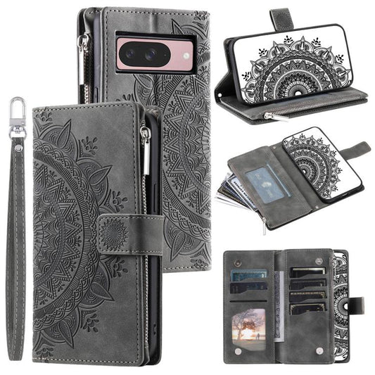 For Google Pixel 10 Multi-Card Totem Zipper Leather Phone Case(Grey) - Google Cases by buy2fix | Online Shopping UK | buy2fix