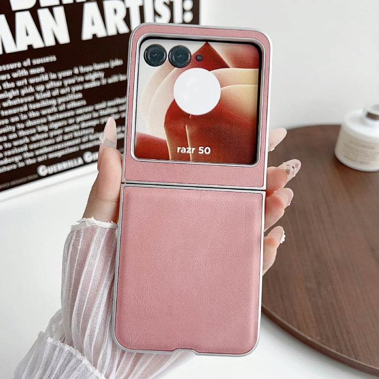 For Motorola Razr 50 Metallic Paint Skin Feel Leather Phone Case(Pink) by buy2fix