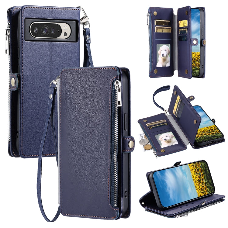 For Google Pixel 9 Pro XL Leather Stitching Multi-card Slot Zipper Phone Case(Blue) by buy2fix