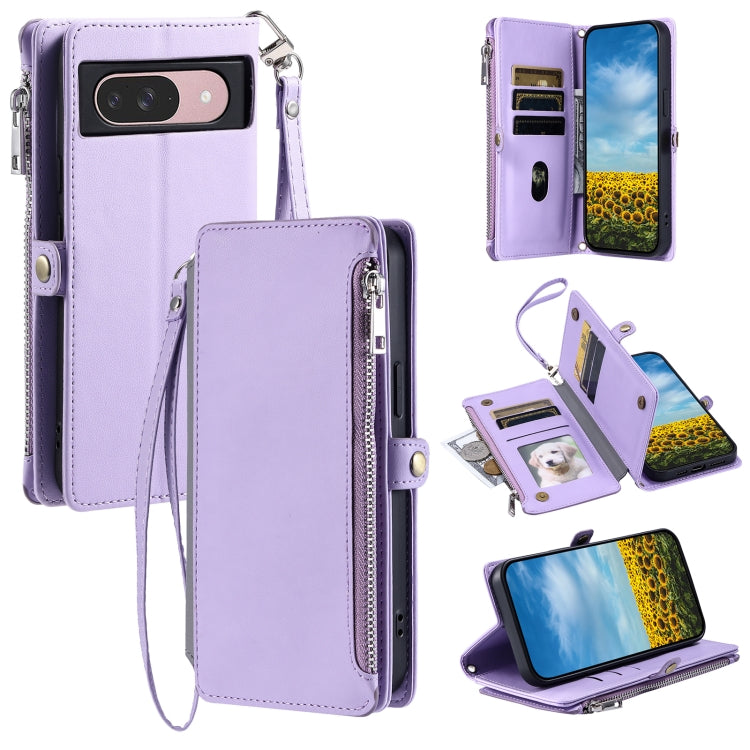 For Google Pixel 9 / 9 Pro Leather Stitching Multi-card Slot Zipper Phone Case(Purple) by buy2fix