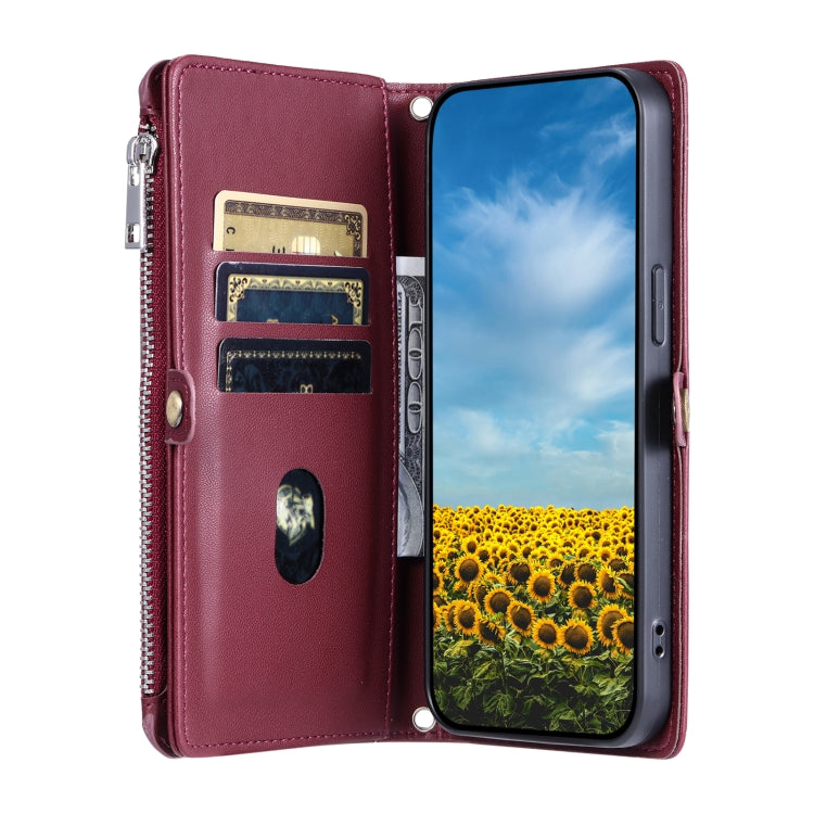 For Google Pixel 9 / 9 Pro Leather Stitching Multi-card Slot Zipper Phone Case(Wine Red) by buy2fix
