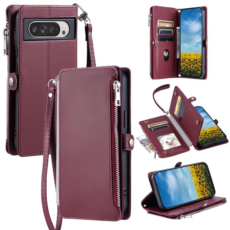 For Google Pixel 10 Pro XL Leather Stitching Multi-card Slot Zipper Phone Case(Wine Red) - Google Cases by buy2fix | Online Shopping UK | buy2fix