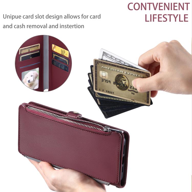 For Google Pixel 10 Pro XL Leather Stitching Multi-card Slot Zipper Phone Case(Wine Red) - Google Cases by buy2fix | Online Shopping UK | buy2fix