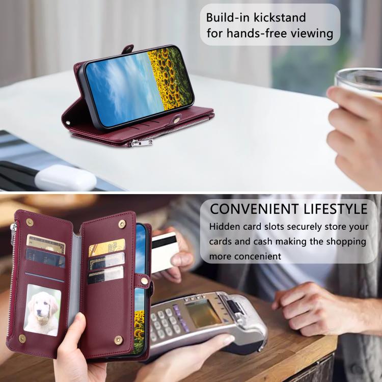 For Google Pixel 10 Pro XL Leather Stitching Multi-card Slot Zipper Phone Case(Wine Red) - Google Cases by buy2fix | Online Shopping UK | buy2fix