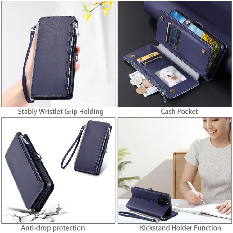 For Google Pixel 10 Pro XL Leather Stitching Multi-card Slot Zipper Phone Case(Blue) - Google Cases by buy2fix | Online Shopping UK | buy2fix