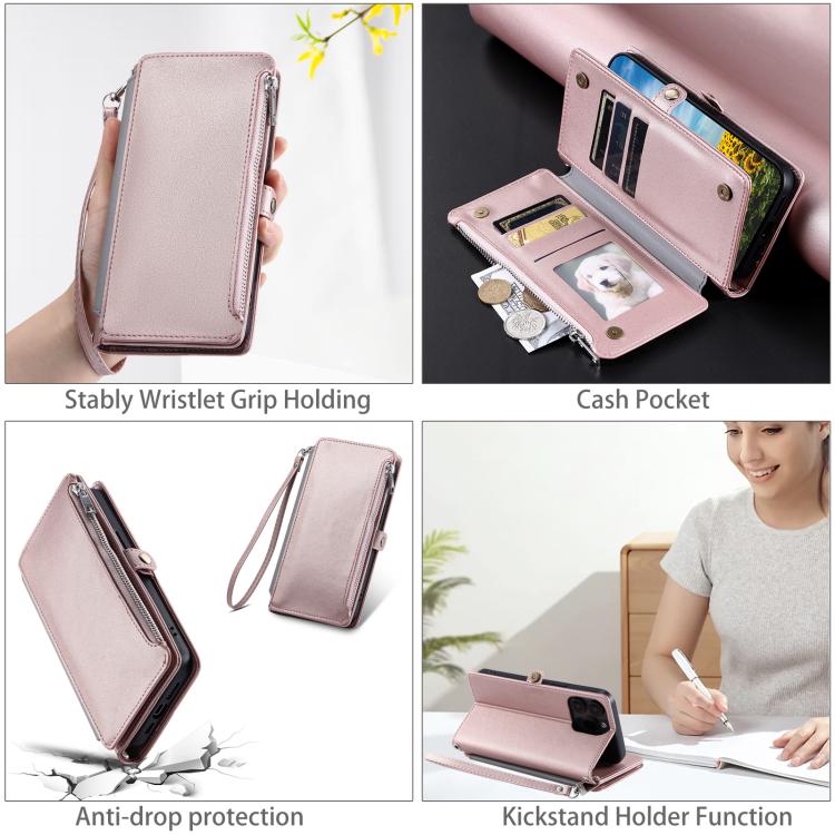 For Google Pixel 10 / 10 Pro Leather Stitching Multi-card Slot Zipper Phone Case(Rose Gold) - Google Cases by buy2fix | Online Shopping UK | buy2fix