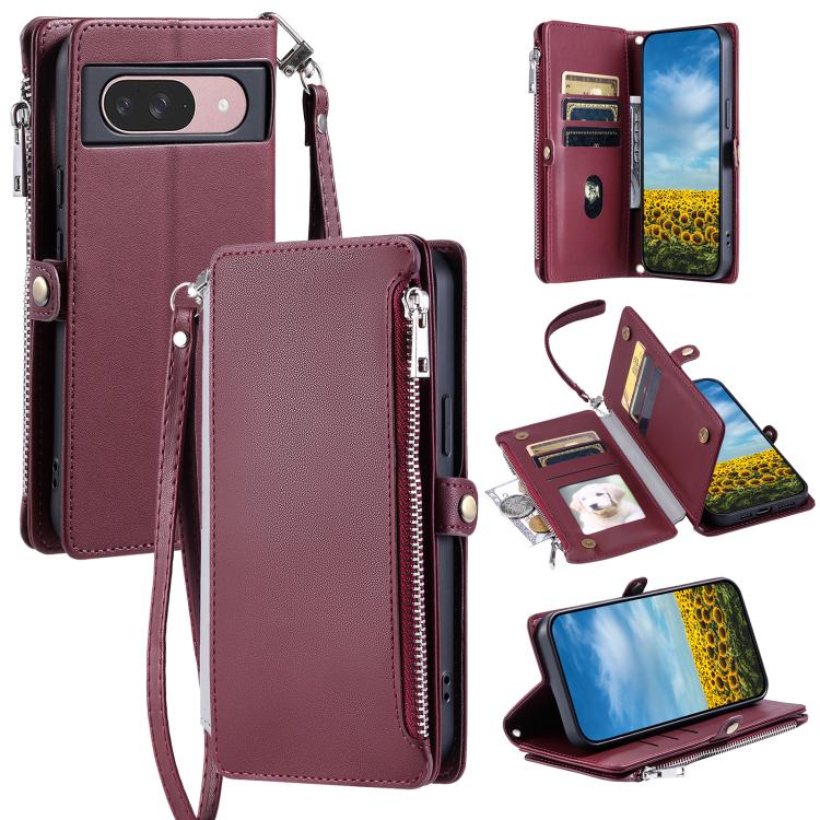 For Google Pixel 10 / 10 Pro Leather Stitching Multi-card Slot Zipper Phone Case(Wine Red) - Google Cases by buy2fix | Online Shopping UK | buy2fix