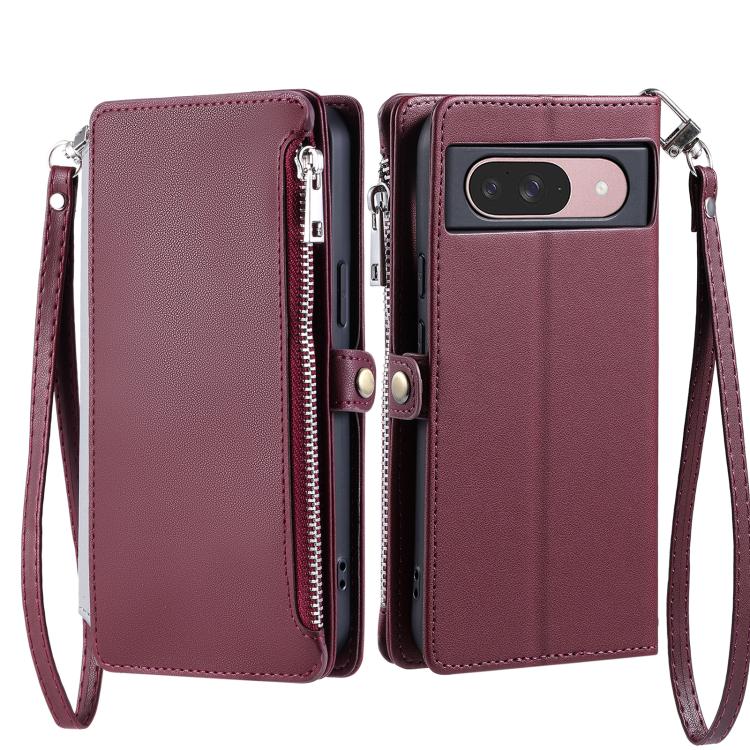 For Google Pixel 10 / 10 Pro Leather Stitching Multi-card Slot Zipper Phone Case(Wine Red) - Google Cases by buy2fix | Online Shopping UK | buy2fix