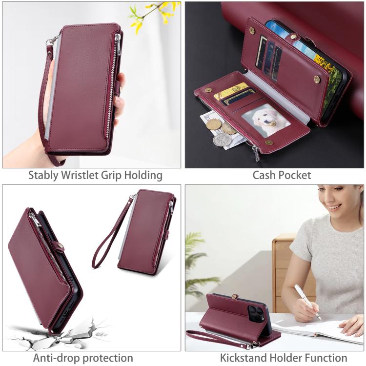 For Google Pixel 10 / 10 Pro Leather Stitching Multi-card Slot Zipper Phone Case(Wine Red) - Google Cases by buy2fix | Online Shopping UK | buy2fix