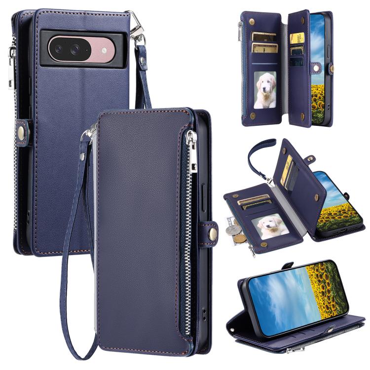 For Google Pixel 10 / 10 Pro Leather Stitching Multi-card Slot Zipper Phone Case(Blue) - Google Cases by buy2fix | Online Shopping UK | buy2fix