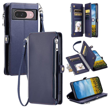 For Google Pixel 10 / 10 Pro Leather Stitching Multi-card Slot Zipper Phone Case(Blue) - Google Cases by buy2fix | Online Shopping UK | buy2fix