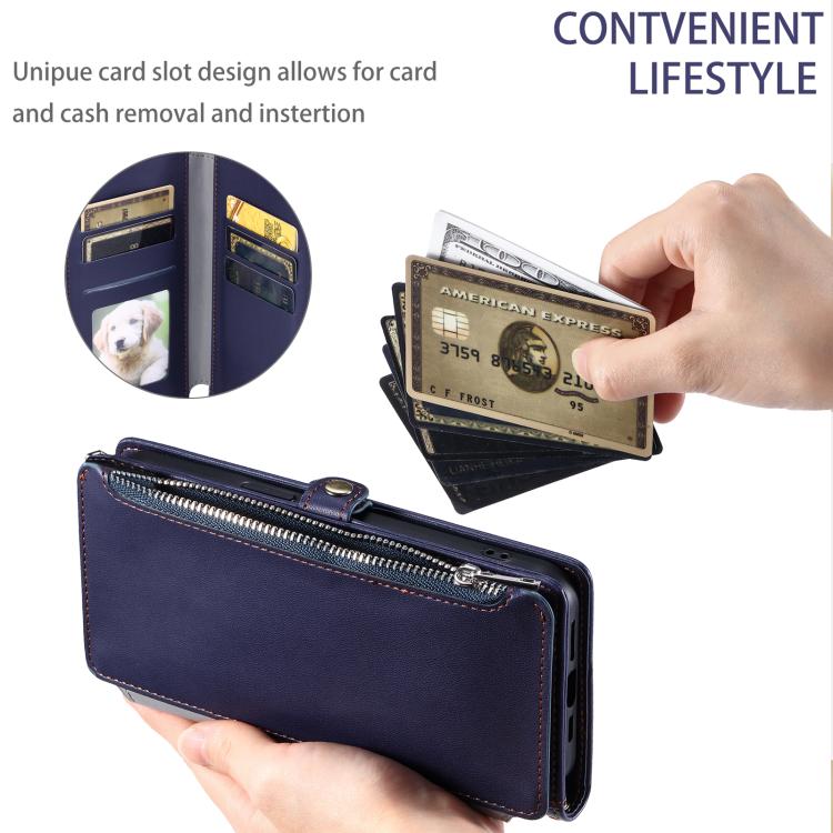 For Google Pixel 10 / 10 Pro Leather Stitching Multi-card Slot Zipper Phone Case(Blue) - Google Cases by buy2fix | Online Shopping UK | buy2fix