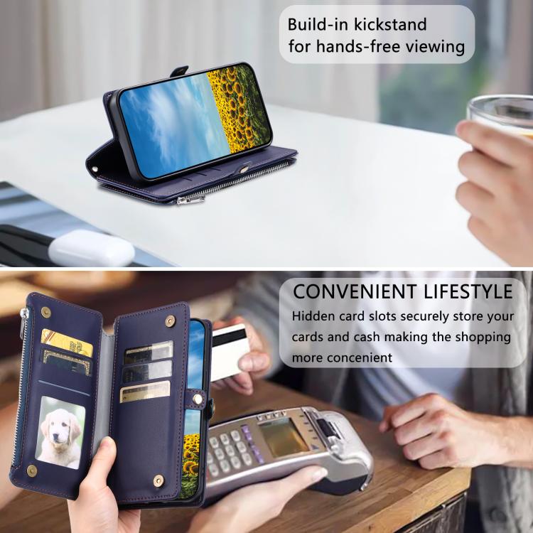 For Google Pixel 10 / 10 Pro Leather Stitching Multi-card Slot Zipper Phone Case(Blue) - Google Cases by buy2fix | Online Shopping UK | buy2fix