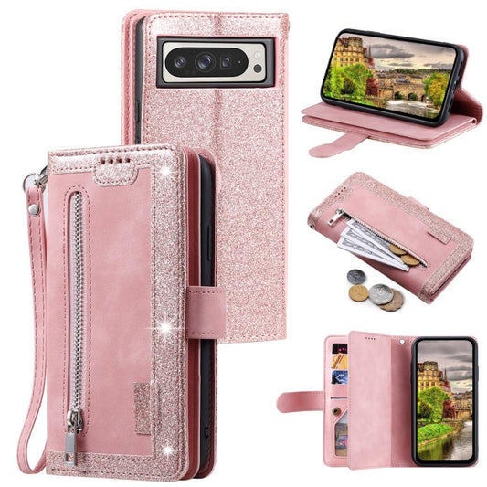 For Google Pixel 10 Pro XL Nine Card Zipper Bag Leather Phone Case with Lanyard(Rose Gold) - Google Cases by buy2fix | Online Shopping UK | buy2fix