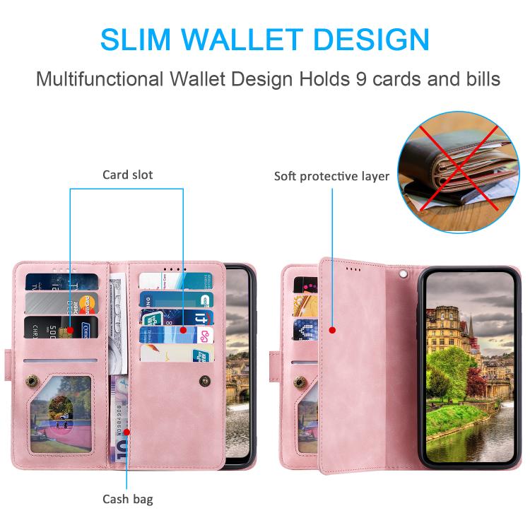 For Google Pixel 10 Pro XL Nine Card Zipper Bag Leather Phone Case with Lanyard(Rose Gold) - Google Cases by buy2fix | Online Shopping UK | buy2fix