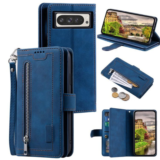 For Google Pixel 10 Pro XL Nine Card Zipper Bag Leather Phone Case with Lanyard(Blue) - Google Cases by buy2fix | Online Shopping UK | buy2fix
