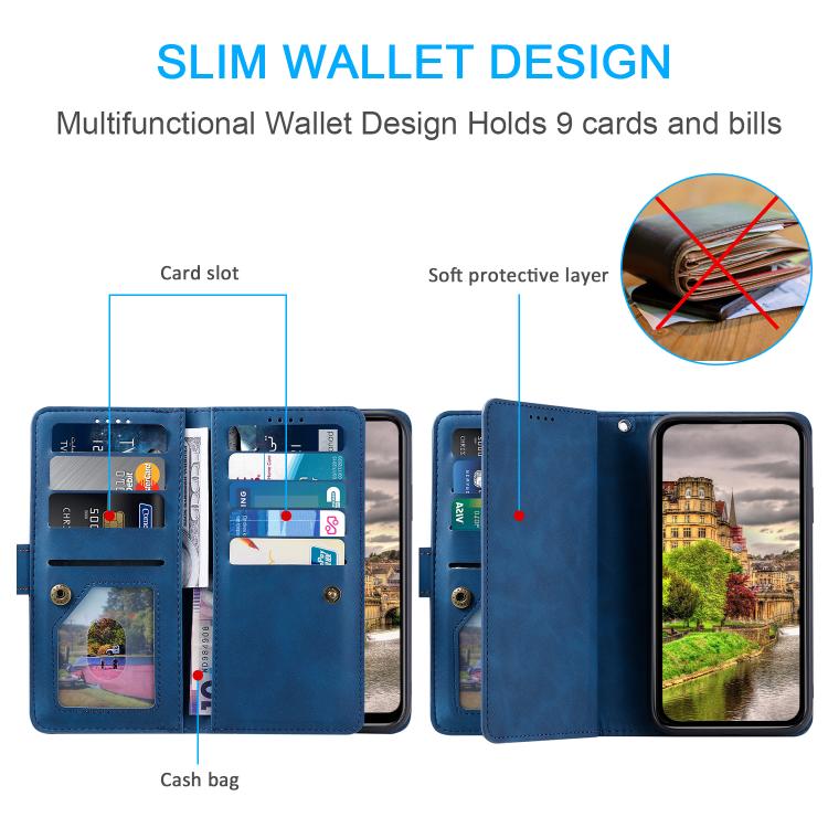 For Google Pixel 10 Pro XL Nine Card Zipper Bag Leather Phone Case with Lanyard(Blue) - Google Cases by buy2fix | Online Shopping UK | buy2fix