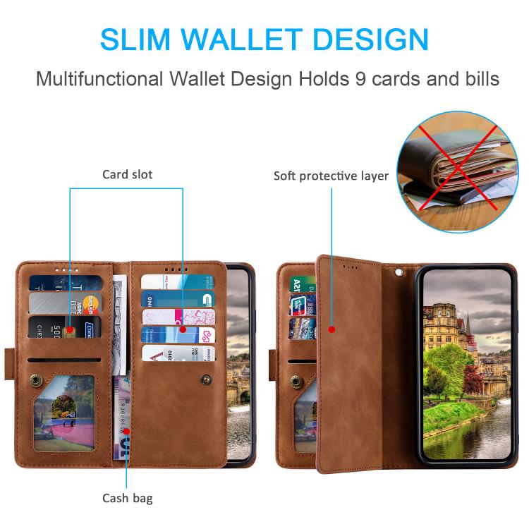 For Google Pixel 10 Pro XL Nine Card Zipper Bag Leather Phone Case with Lanyard(Brown) - Google Cases by buy2fix | Online Shopping UK | buy2fix