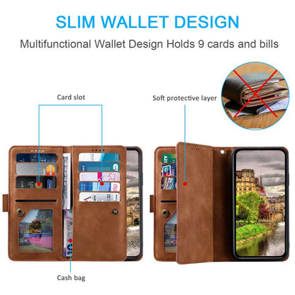 For Google Pixel 10 Pro XL Nine Card Zipper Bag Leather Phone Case with Lanyard(Brown) - Google Cases by buy2fix | Online Shopping UK | buy2fix