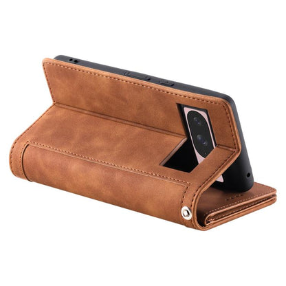 For Google Pixel 10 / 10 Pro Nine Card Zipper Bag Leather Phone Case with Lanyard(Brown) - Google Cases by buy2fix | Online Shopping UK | buy2fix