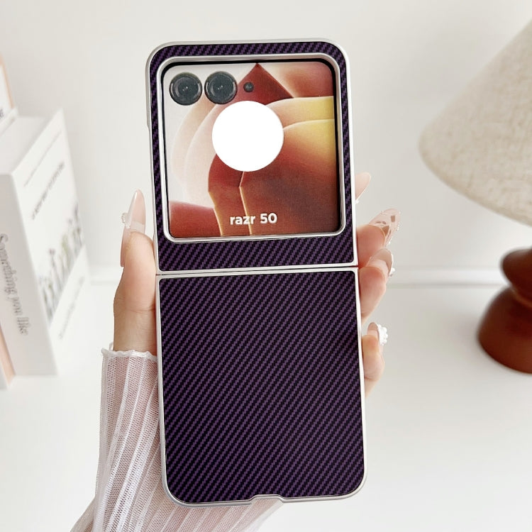 For Motorola Razr 50 Carbon Fiber Leather Grain Kevlar Folding Phone Case(Purple) by buy2fix