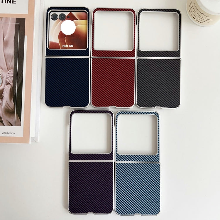 For Motorola Razr 50 Carbon Fiber Leather Grain Kevlar Folding Phone Case(Dark Blue) by buy2fix
