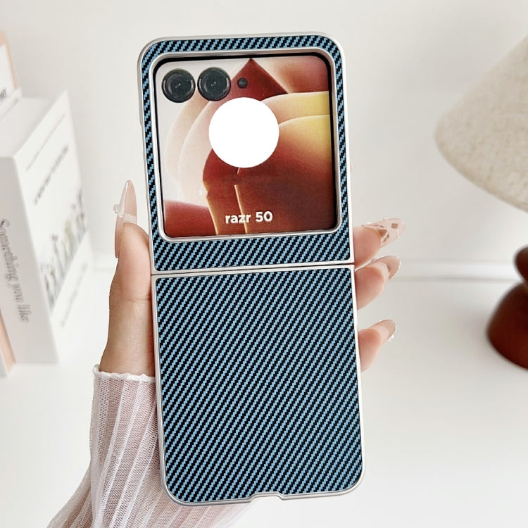 For Motorola Razr 50 Carbon Fiber Leather Grain Kevlar Folding Phone Case(Light Blue) by buy2fix