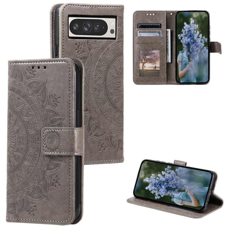 For Google Pixel 9 Pro XL Totem Flower Embossed Leather Phone Case with Lanyard(Grey) by buy2fix