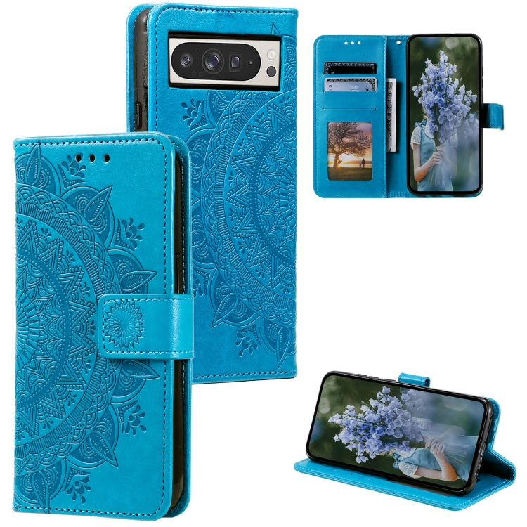 For Google Pixel 9 Pro XL Totem Flower Embossed Leather Phone Case with Lanyard(Blue) by buy2fix