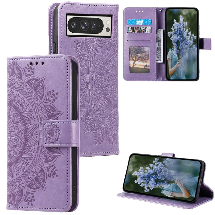 For Google Pixel 9 Pro XL Totem Flower Embossed Leather Phone Case with Lanyard(Purple) by buy2fix