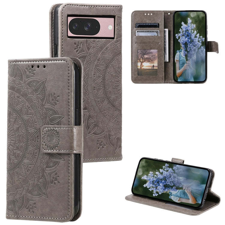 For Google Pixel 9 / 9 Pro Totem Flower Embossed Leather Phone Case with Lanyard(Grey) by buy2fix