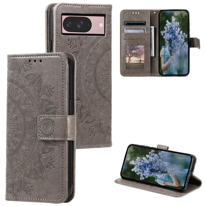 For Google Pixel 9 / 9 Pro Totem Flower Embossed Leather Phone Case with Lanyard(Grey) by buy2fix