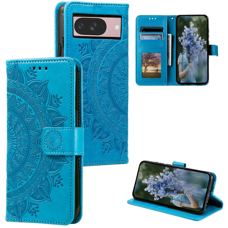 For Google Pixel 9 / 9 Pro Totem Flower Embossed Leather Phone Case with Lanyard(Blue) by buy2fix