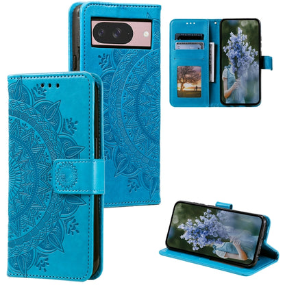 For Google Pixel 9 / 9 Pro Totem Flower Embossed Leather Phone Case with Lanyard(Blue) by buy2fix